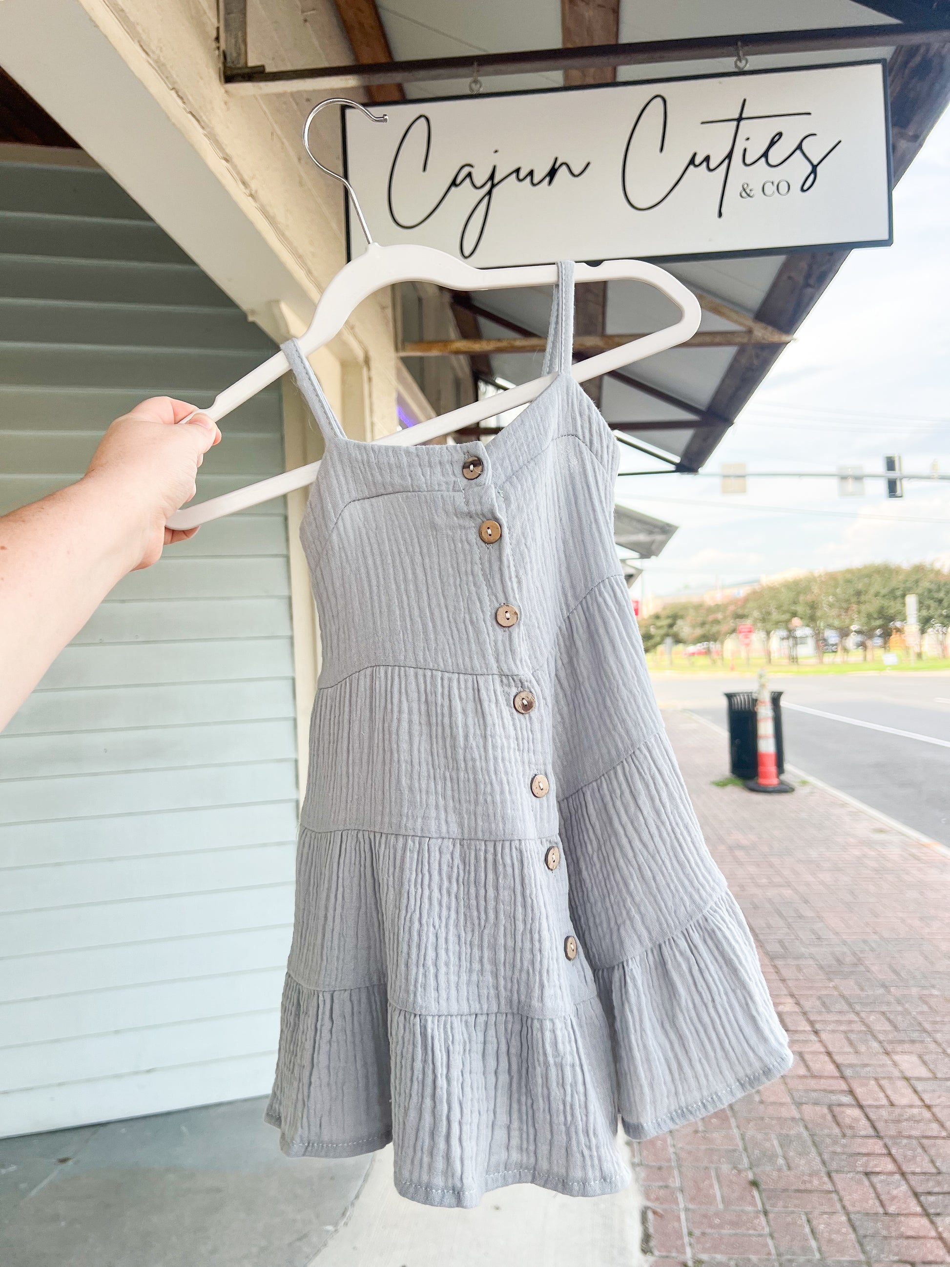 Dusty Blue  Linen Tiered Button down Dress - Cajun Cuties & Co