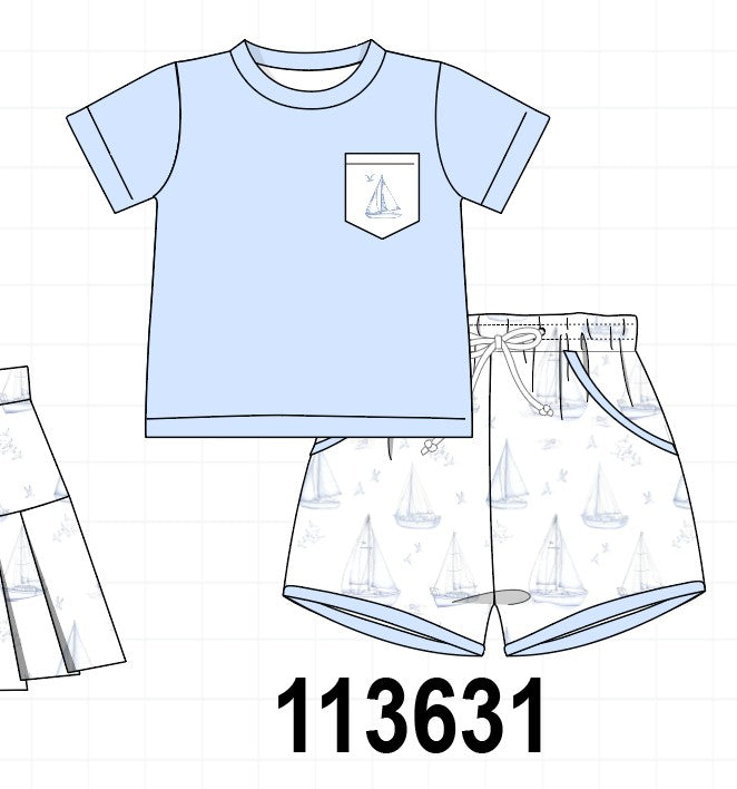 Blue Sailboat Shorts Set