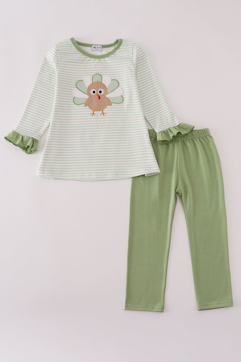 Sage turkey applique stripe pants set