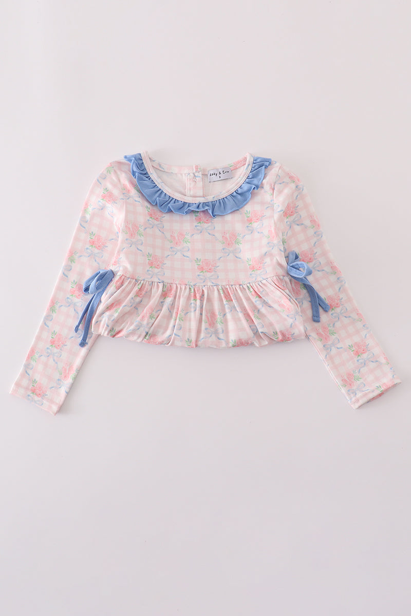 Pink floral print ruffle bow pants set