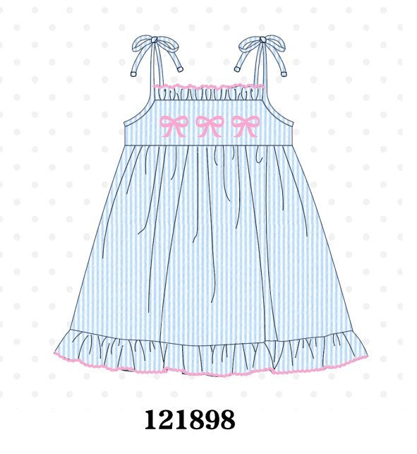 Blue Bow Embroidered Stripe Ruffle Dress