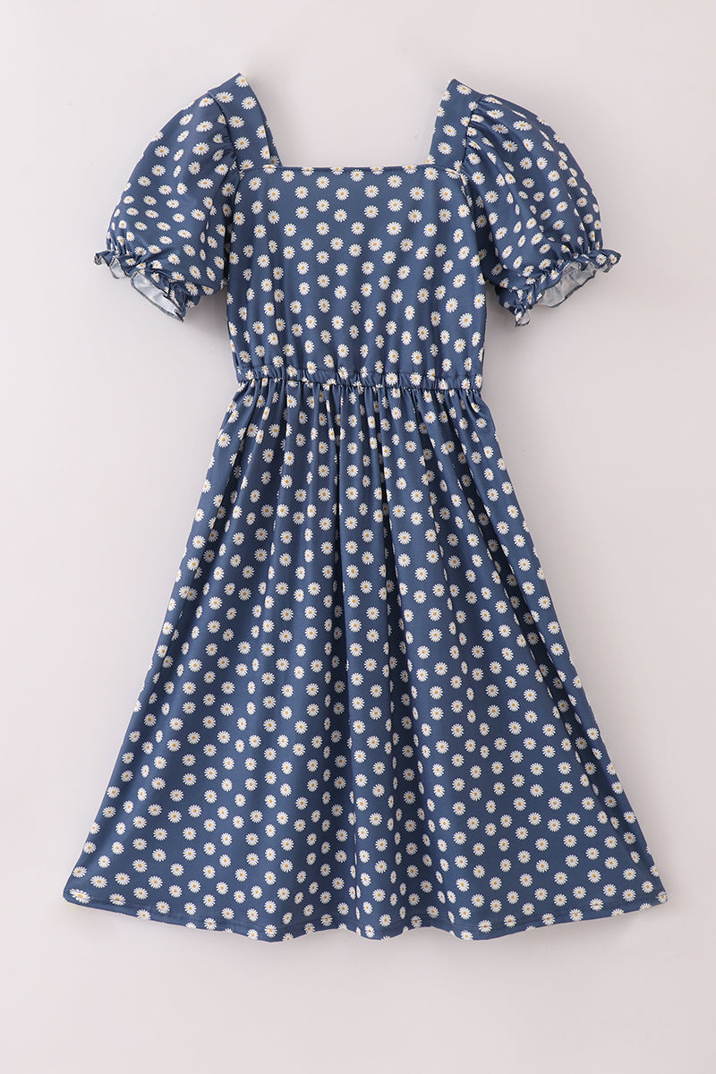 blue daisy print dress 2PS Blue Daisy Floral Print Spaghetti Strap Dress With White Shawl Dress Suit, Blue / L