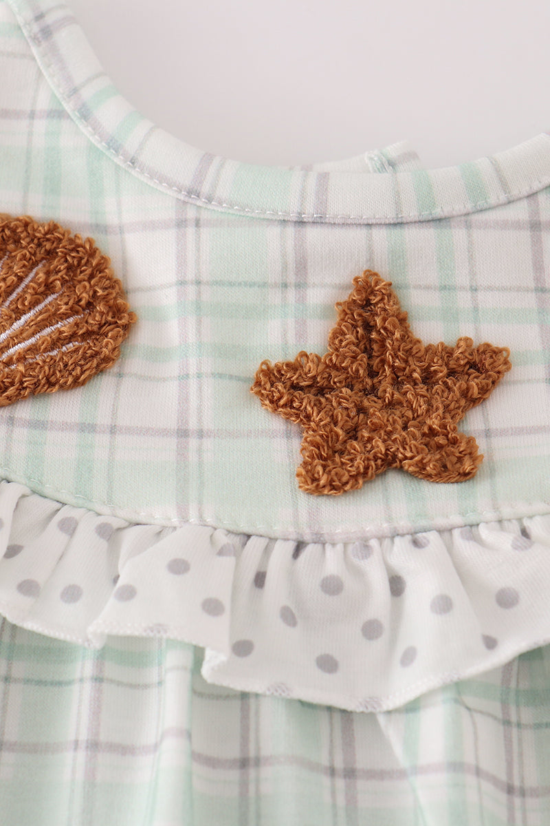 Green plaid sea shell french knot ruffle bloomer set