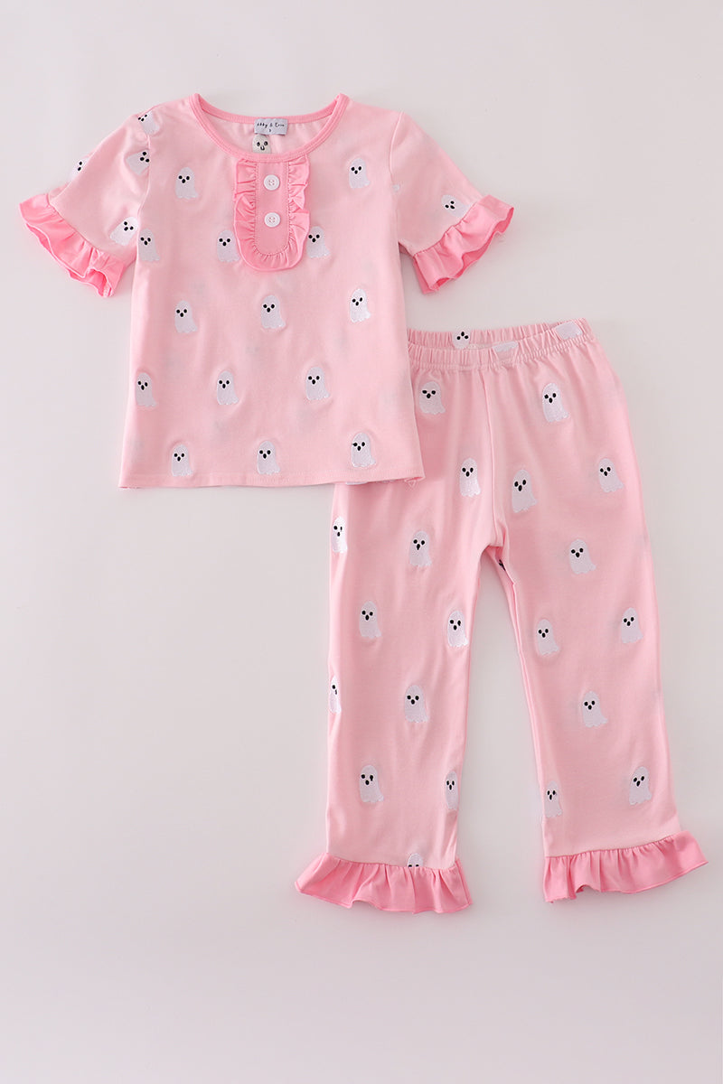 Pink ghost embroidery ruffle pajamas set