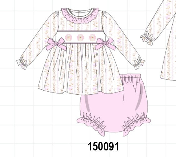 Pink floral turkey embroidery ruffle bloomer set