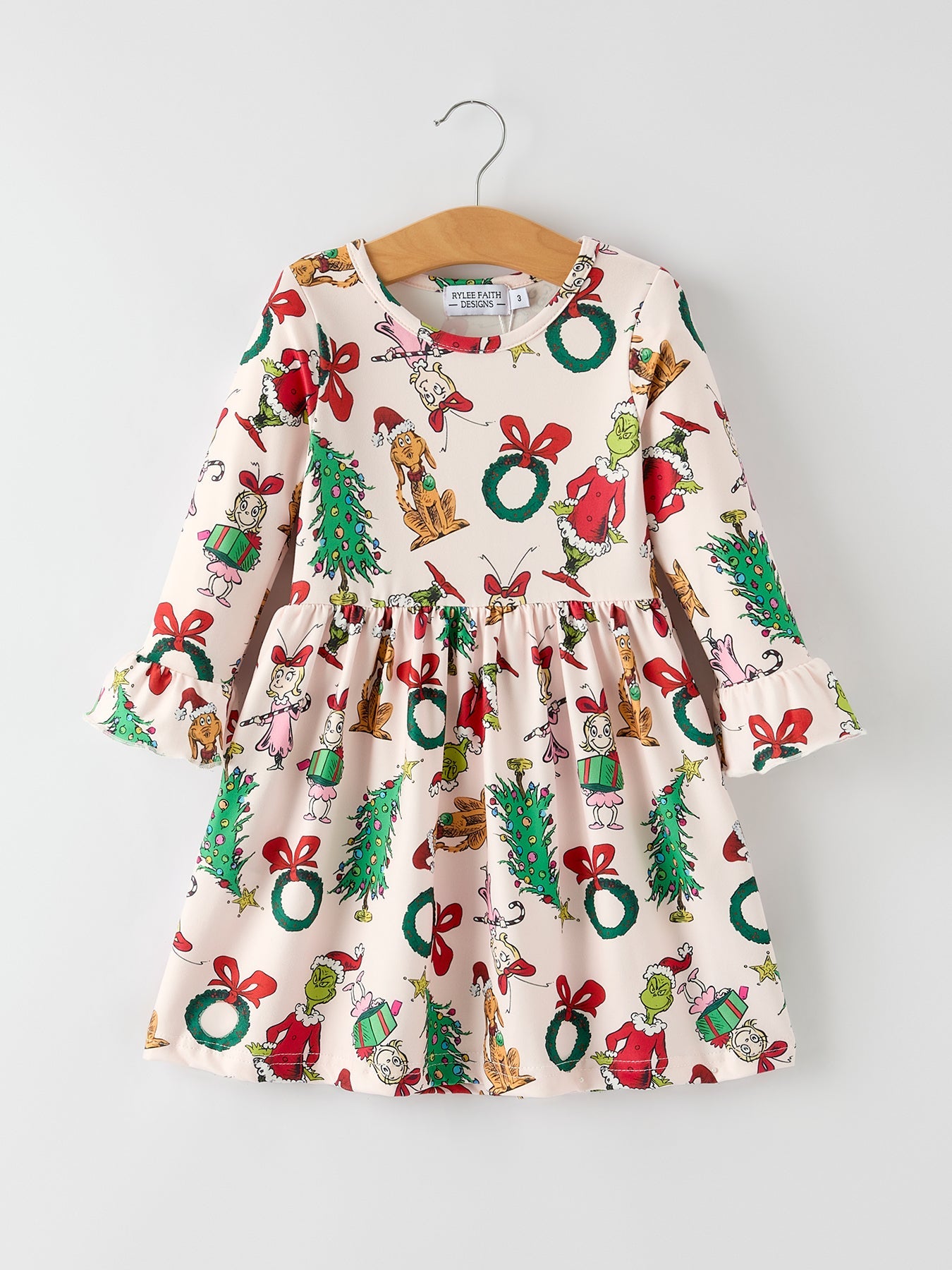 Christmas Character Print Girls Dress with Ruffle Sleeves