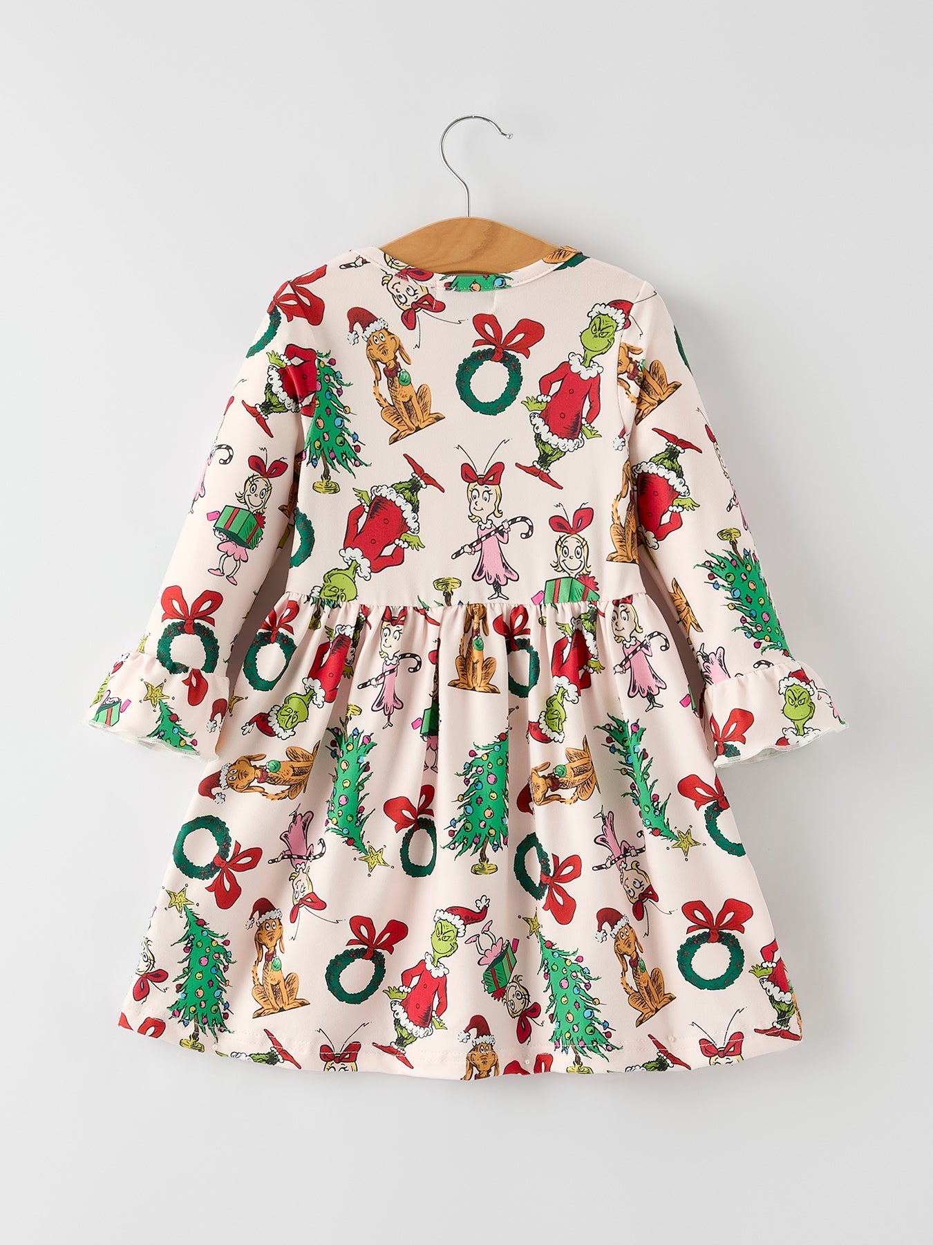 Christmas Character Print Girls Dress with Ruffle Sleeves