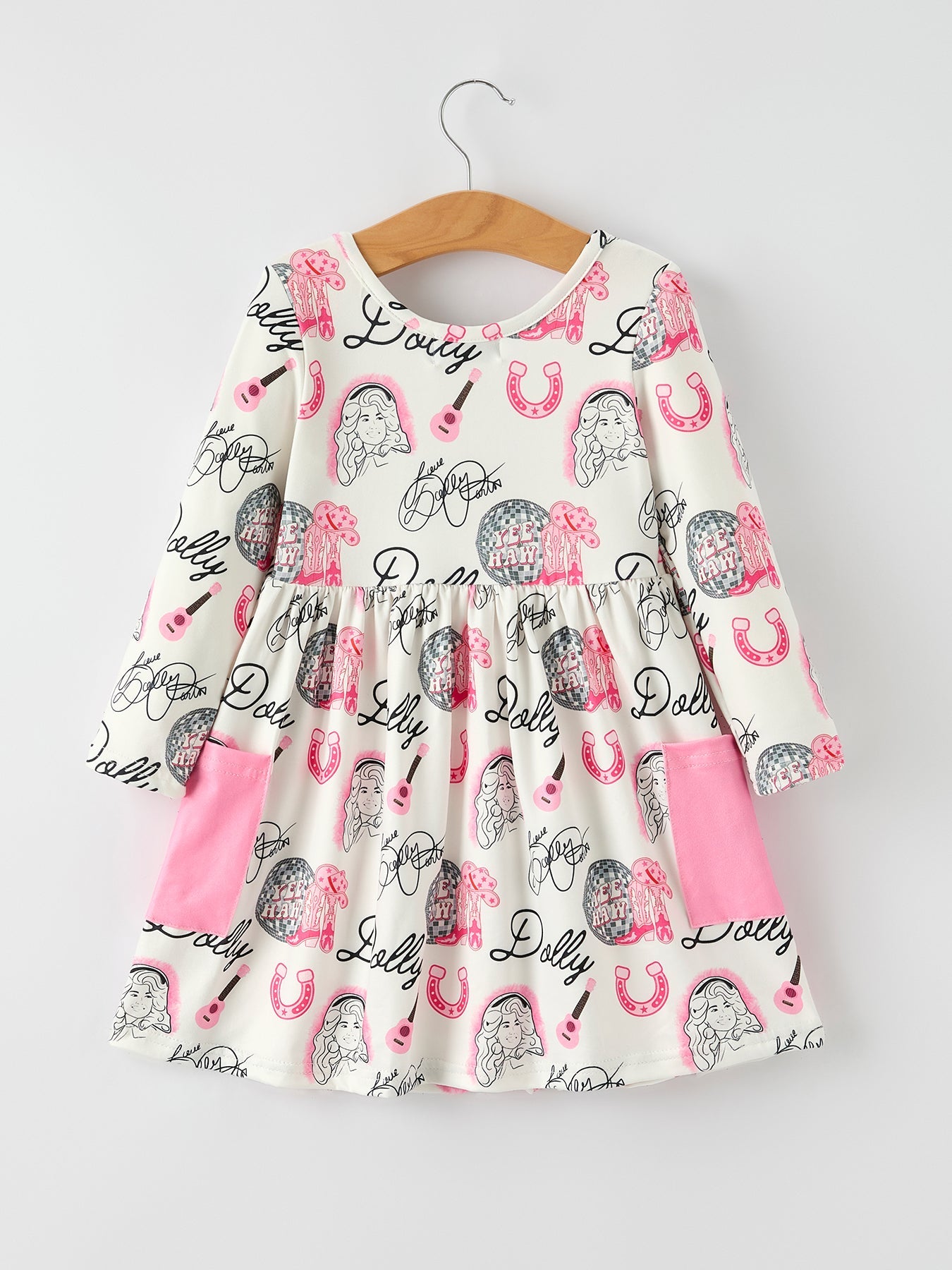 Pink Dolly Pattern Long Sleeve Dress – Cute Cowgirl Style for Girls
