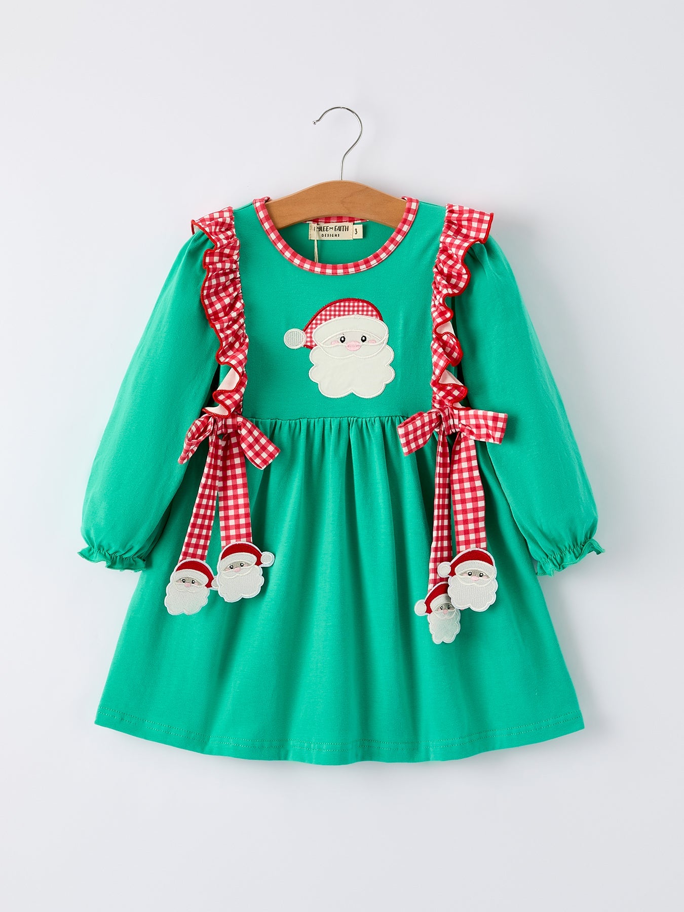 Christmas Cute Santa Applique Red Plaid Bow Girls Dress