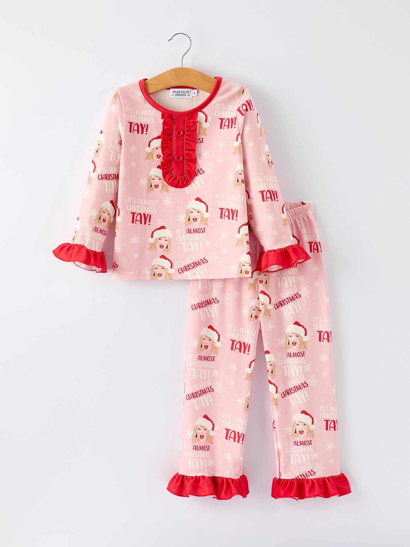 Christmas Santa TS Print Ruffle Girls Pajama Set