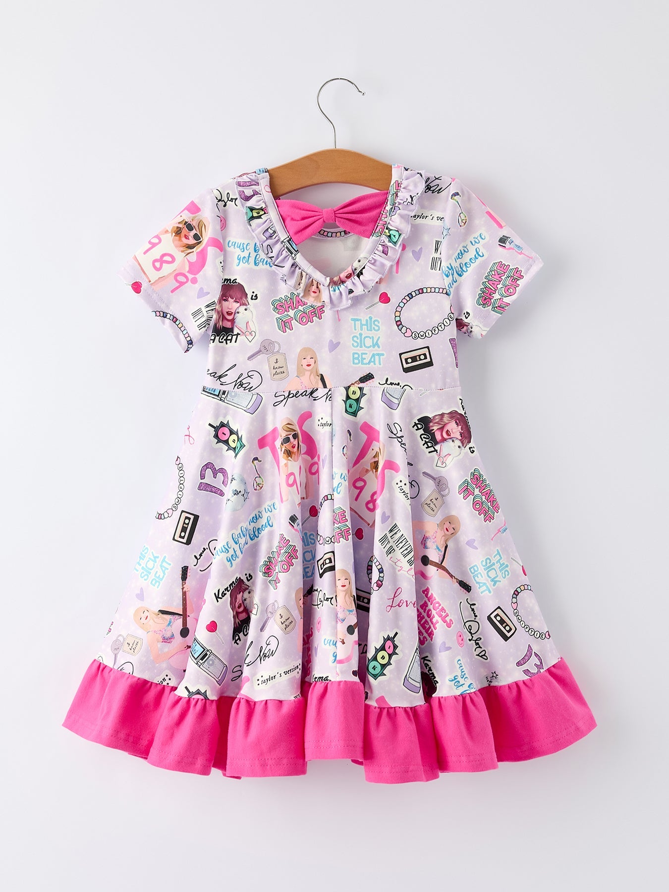 Purple TS Print Ruffle Girls' Short Sleeve  Dress