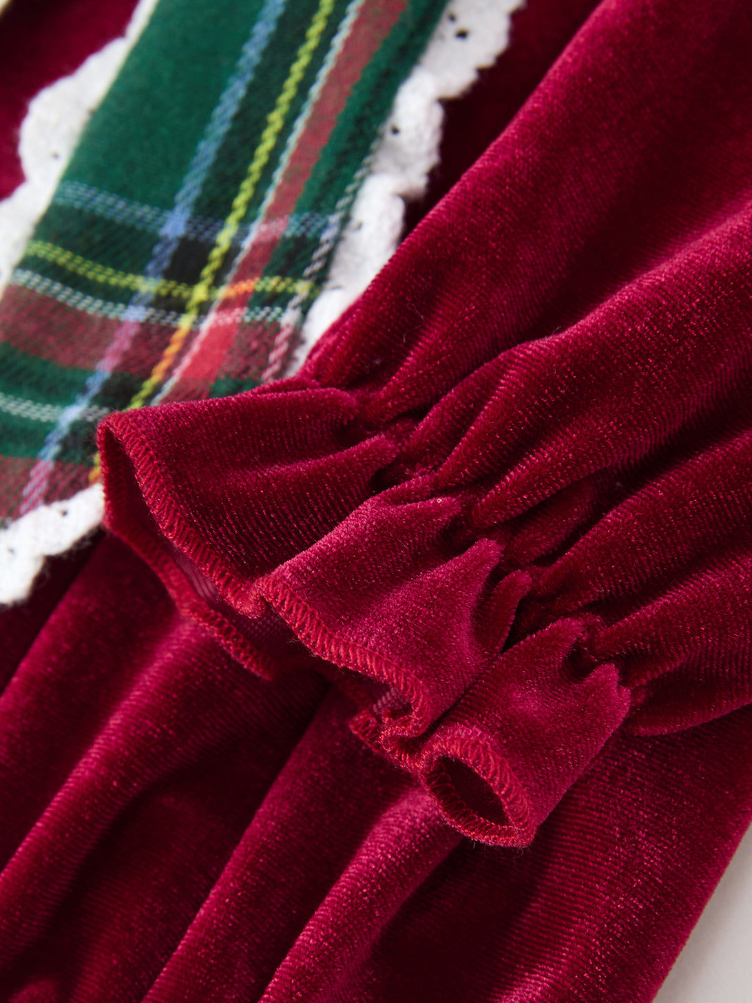Girls Christmas Burgundy Velvet Plaid Bow Dress