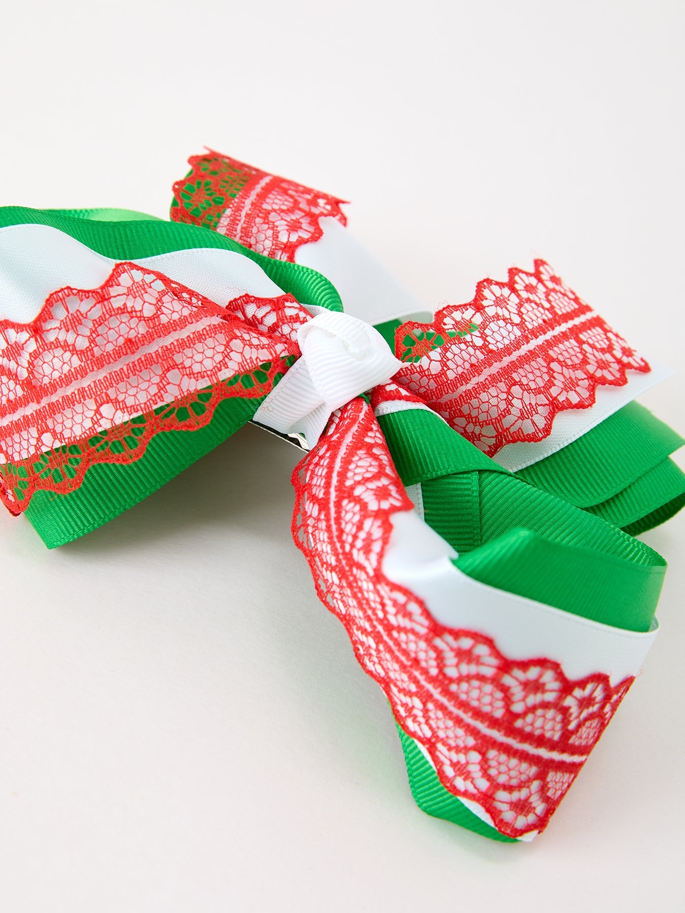Christmas Red Lace Green Layered Bow Hair Clip 6.3 Inches