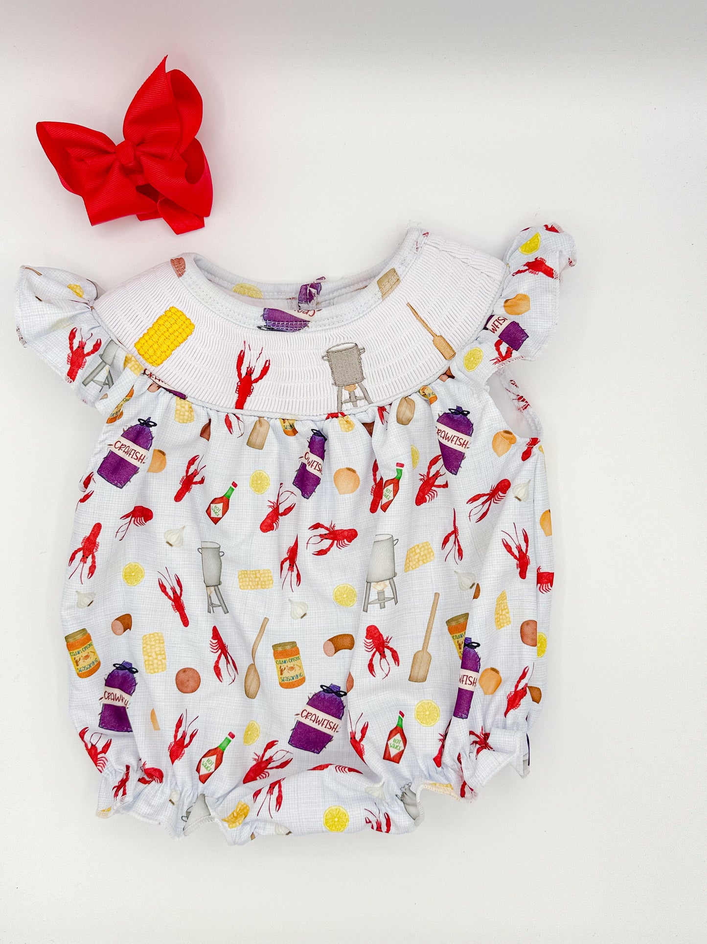 Adorable Crawfish Smocked Children's Outfit Girl Bubble | Southern-Themed Smocked Clothes