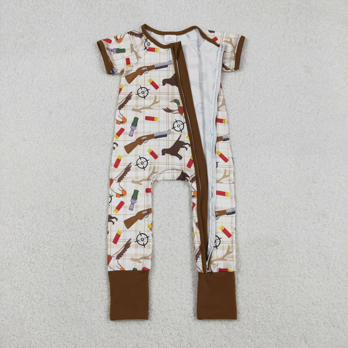 Sibling Baby Boys Dogs Ducks Checked Pants Hunting Pajamas Set Zipper Rompers