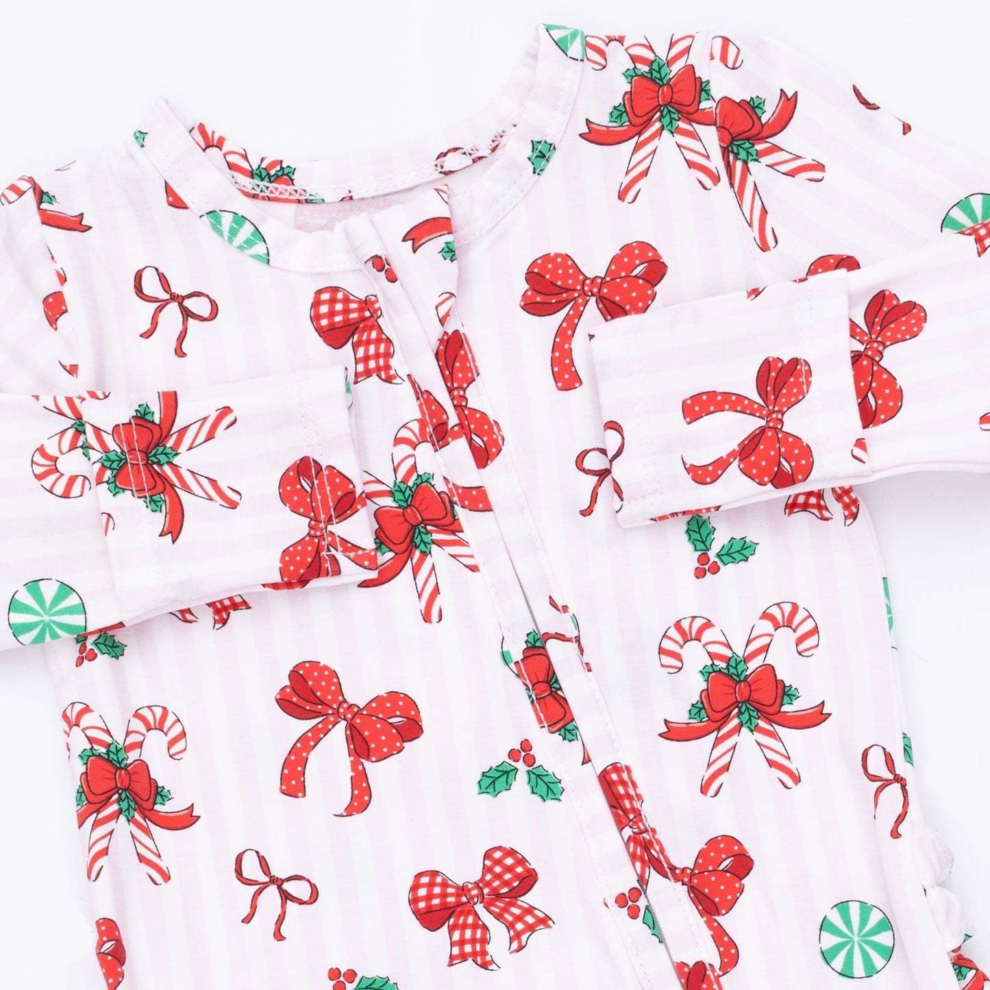 Bows & Candy Canes - 2 Way Ruffle Back Zipper Footie