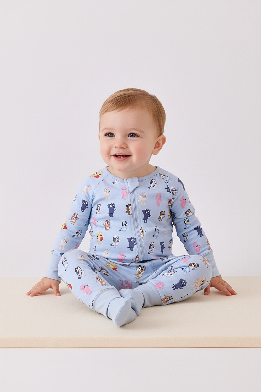 Premium blue character print bamboo romper