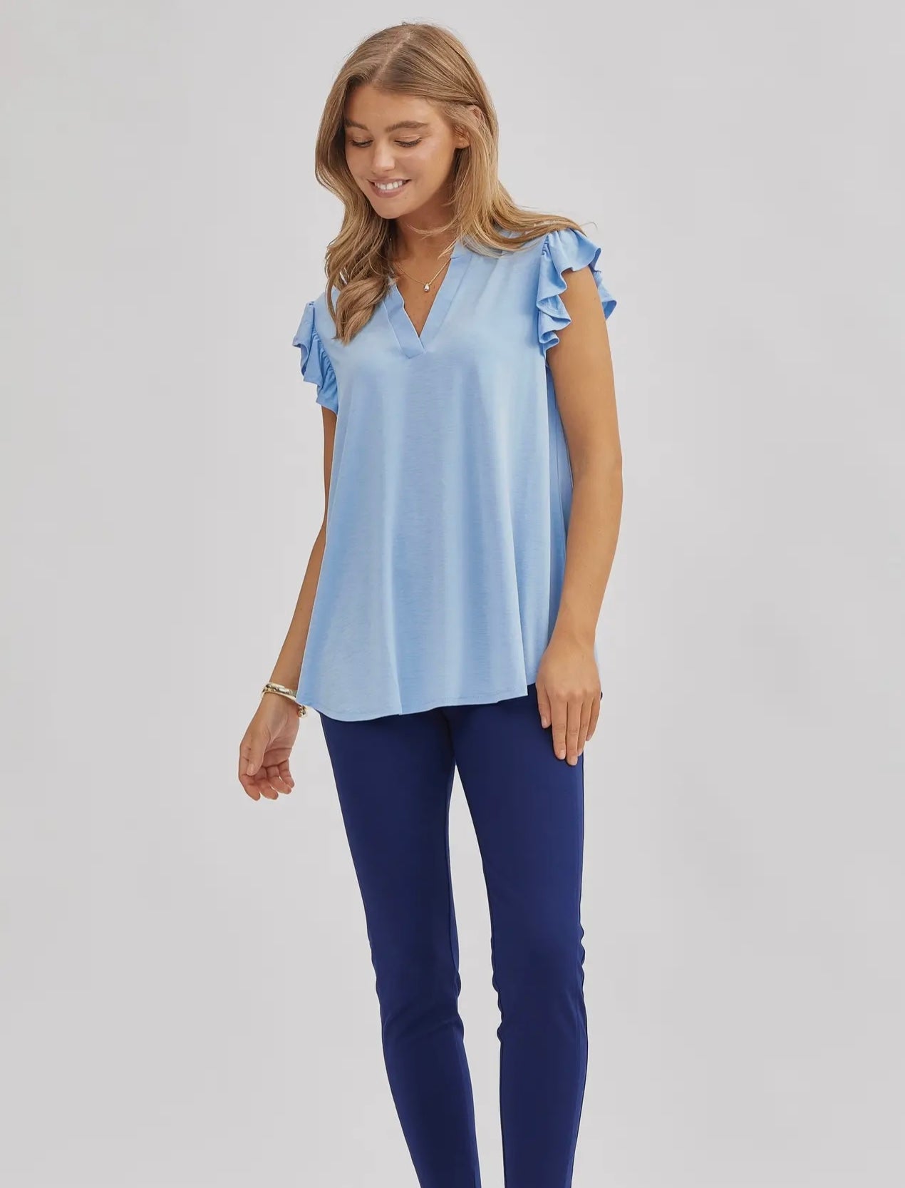 Collar Flutter Sleeve Tank Top Powder Blue