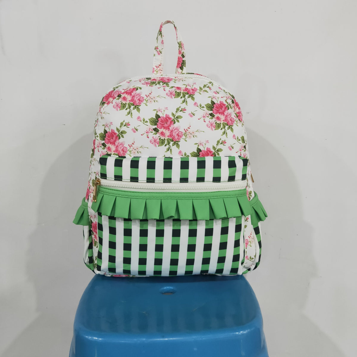 BA0218 Baby Girls Flowers Green Checked Back to School Backpack Bags