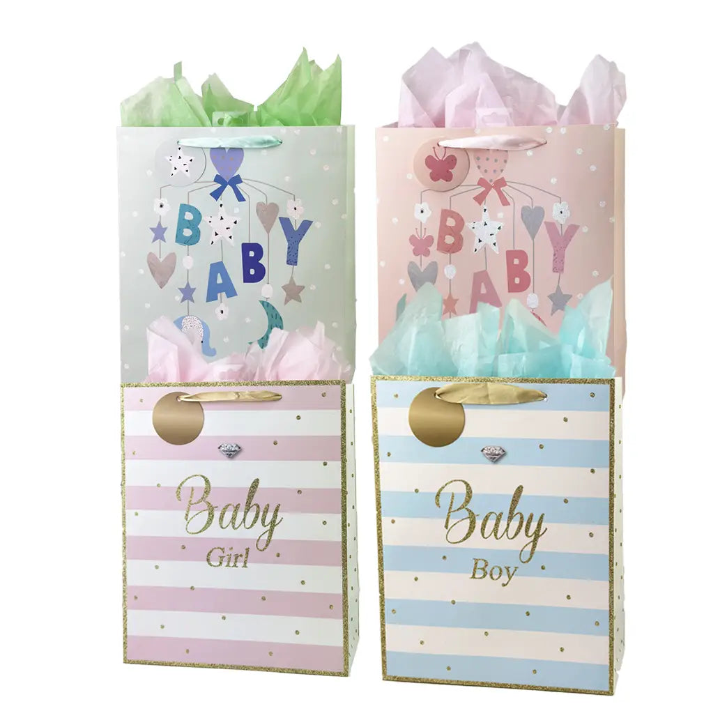 Baby Shower Gift Bag – Baby Mobile, Stripes & Glitter Accents