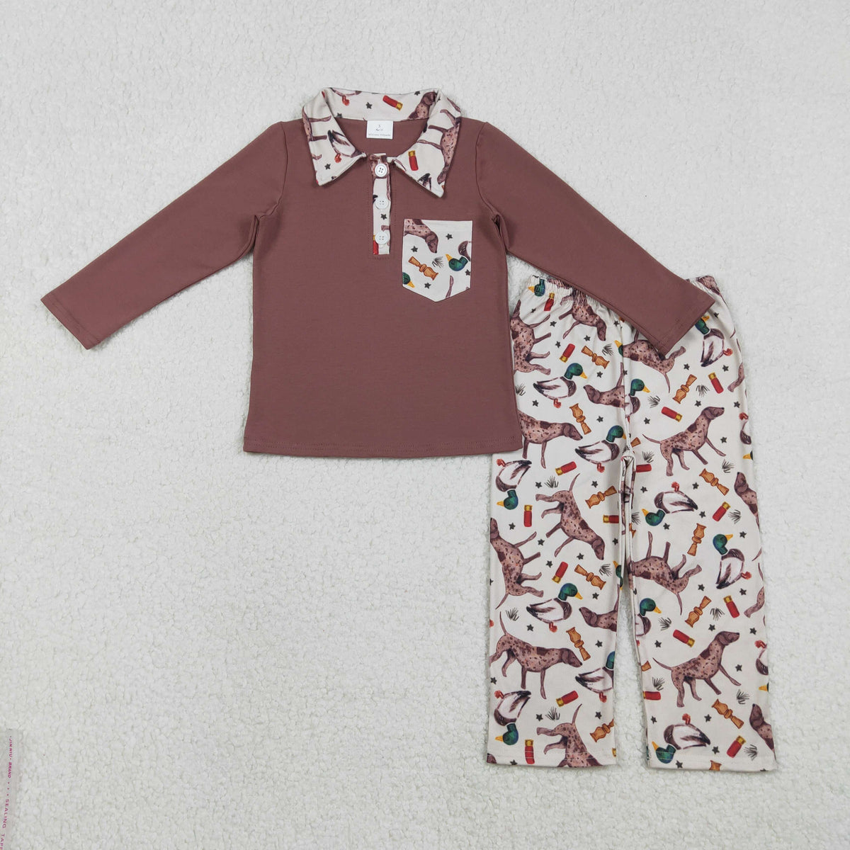 BLP1229 Baby Boys Brown Button Pocket Polo Shirt Dogs Ducks Pants Hunting Clothes Sets