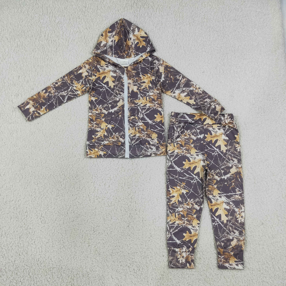 BLP1439 Baby Boys Leaves Camo Zip Pockets Hoodie Top Joggers Clothes Sets