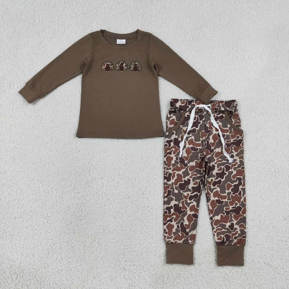 BLP1473 Baby Boys Embroidery Brown Camo Turkey Top Pockets Joggers Hunting Clothes Set