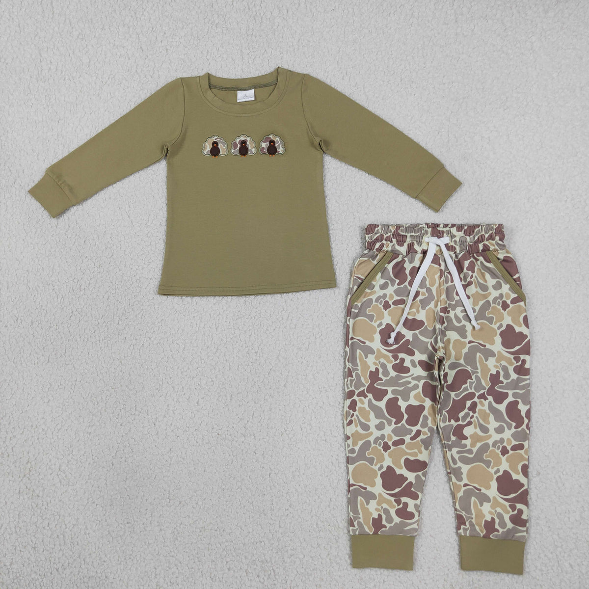 BLP1474 Baby Boys Embroidery Khaki Camo Turkey Top Pockets Joggers Hunting Clothes Set