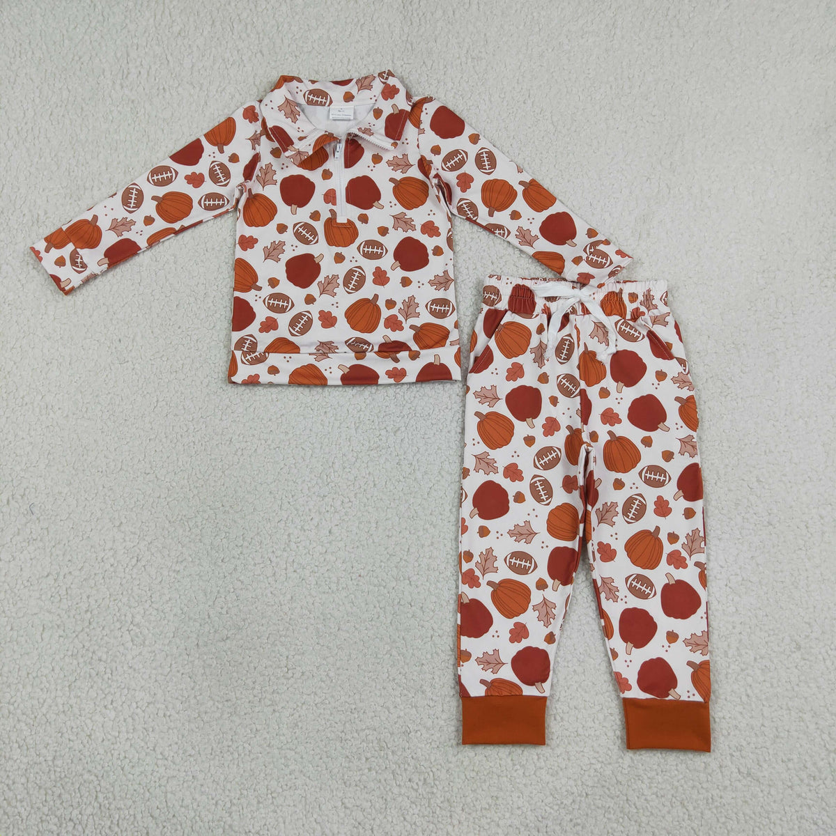 BLP1573 Baby Boys Footballs Pumpkins Zip Pullovers Pockets Joggers Fall Team Clothes Sets