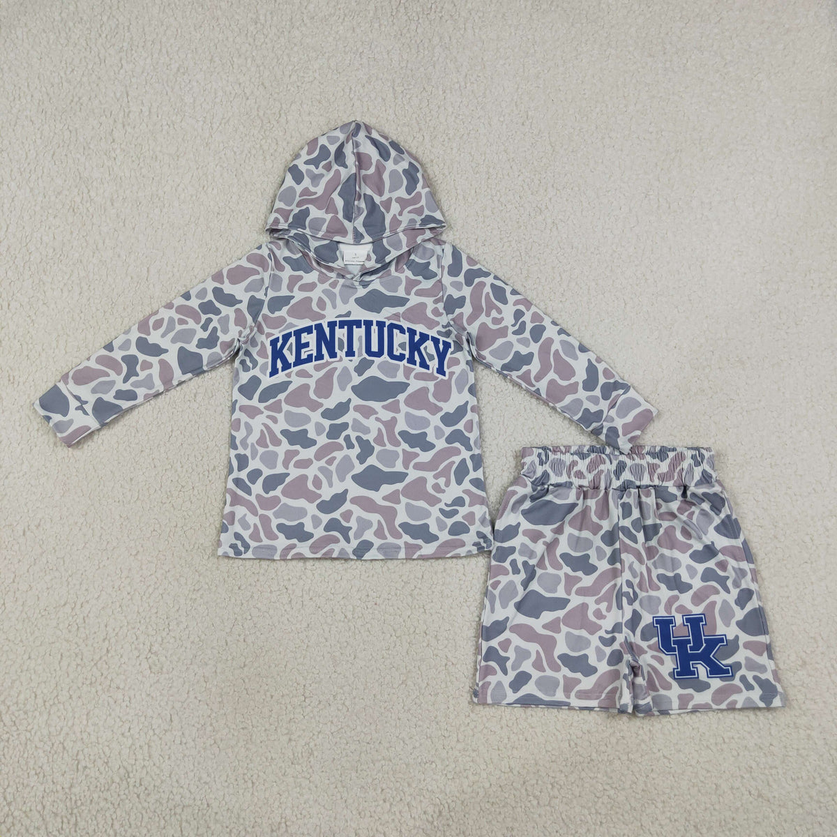 BLS0043 Baby Boys Light Green Camo Kentucky Hoodie Pockets Short Team Clothes Set