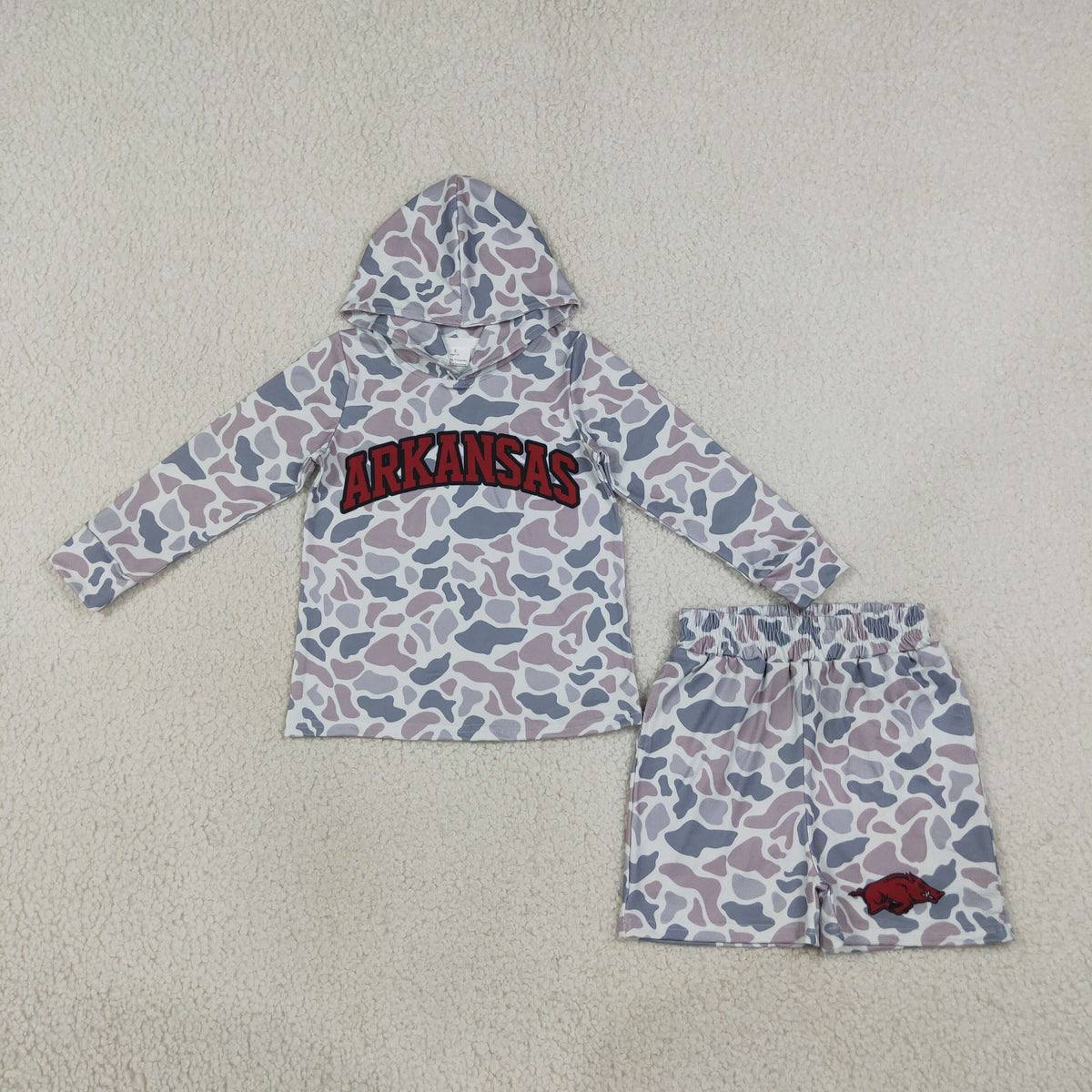 BLS0046 Baby Boys Light Green Camo Arkansas Hoodie Pockets Short Team Clothes Set