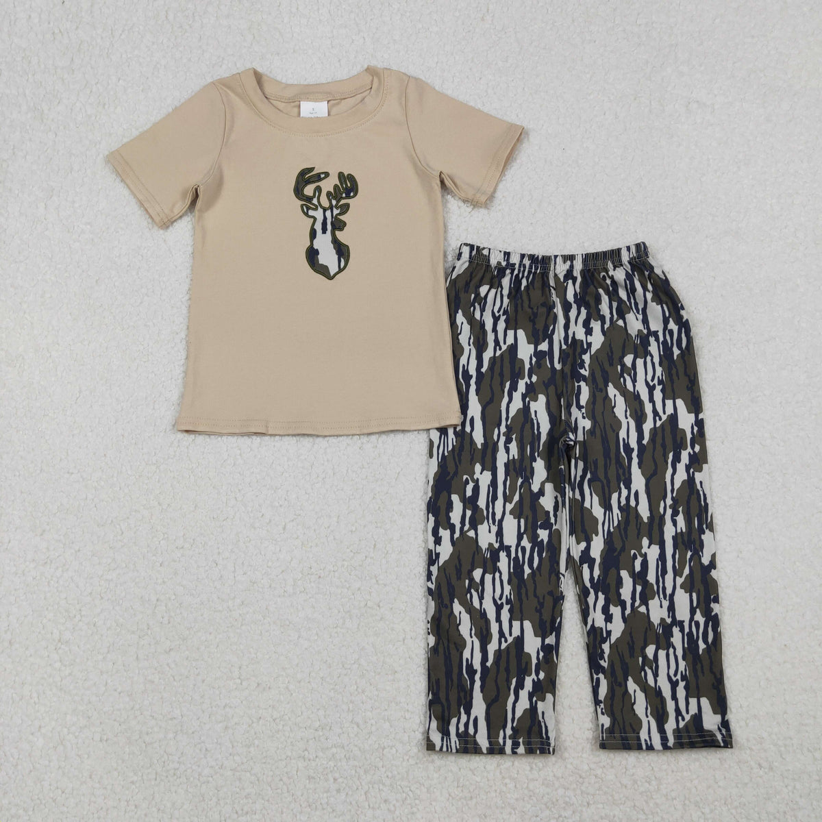 BSPO0582 Baby Boys Embroidery Olive Camo Deer Top Flare Pants Hunting Clothes Sets