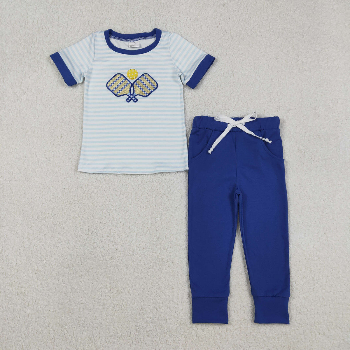 BSPO0614 Baby Boys Embroidery Tennis Stripe Top Pockets Pants Team Clothes Sets