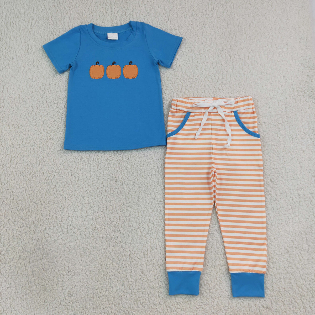 BSPO0693 Baby Boys Embroidery Pumpkins Top Stripe Pockets Joggers Fall Clothes Set