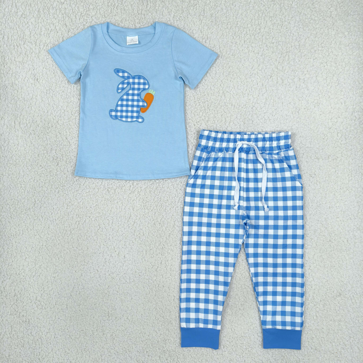 BSPO0705 Baby Boys Embroidery Blue Checked Rabbit Carrot Top Pockets Joggers Easter Clothes Set