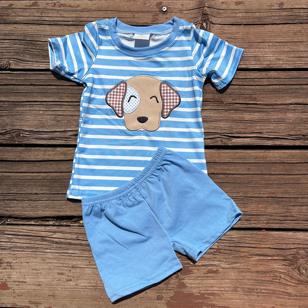 boys blue stripes Dog embroidery t-shirts+shorts sets BSSO0746