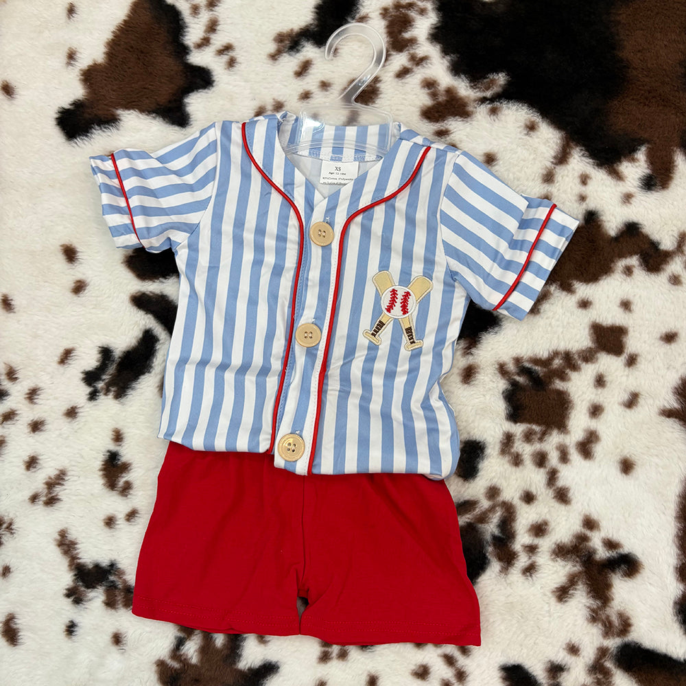 boys baseball stripes embroidery t-shirts+shorts sets BSSO0800