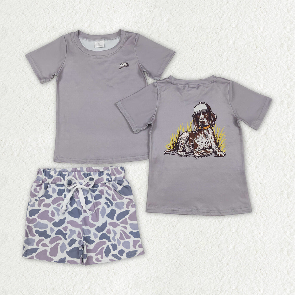 BSSO1336 baby boys dog hunting top grey camouflage summer outfits sets