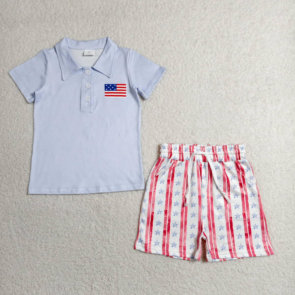 BSSO1480 Baby Boys Flag Button Polo Shirt Top Pockets Short 4th of July Clothes Set
