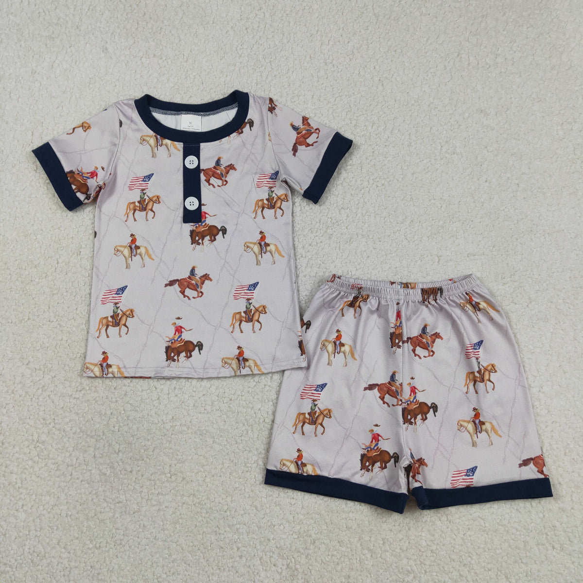 BSSO1497 Baby Boys Flags Horse Rodeos Button Top Shorts 4th of July Pajamas Sets