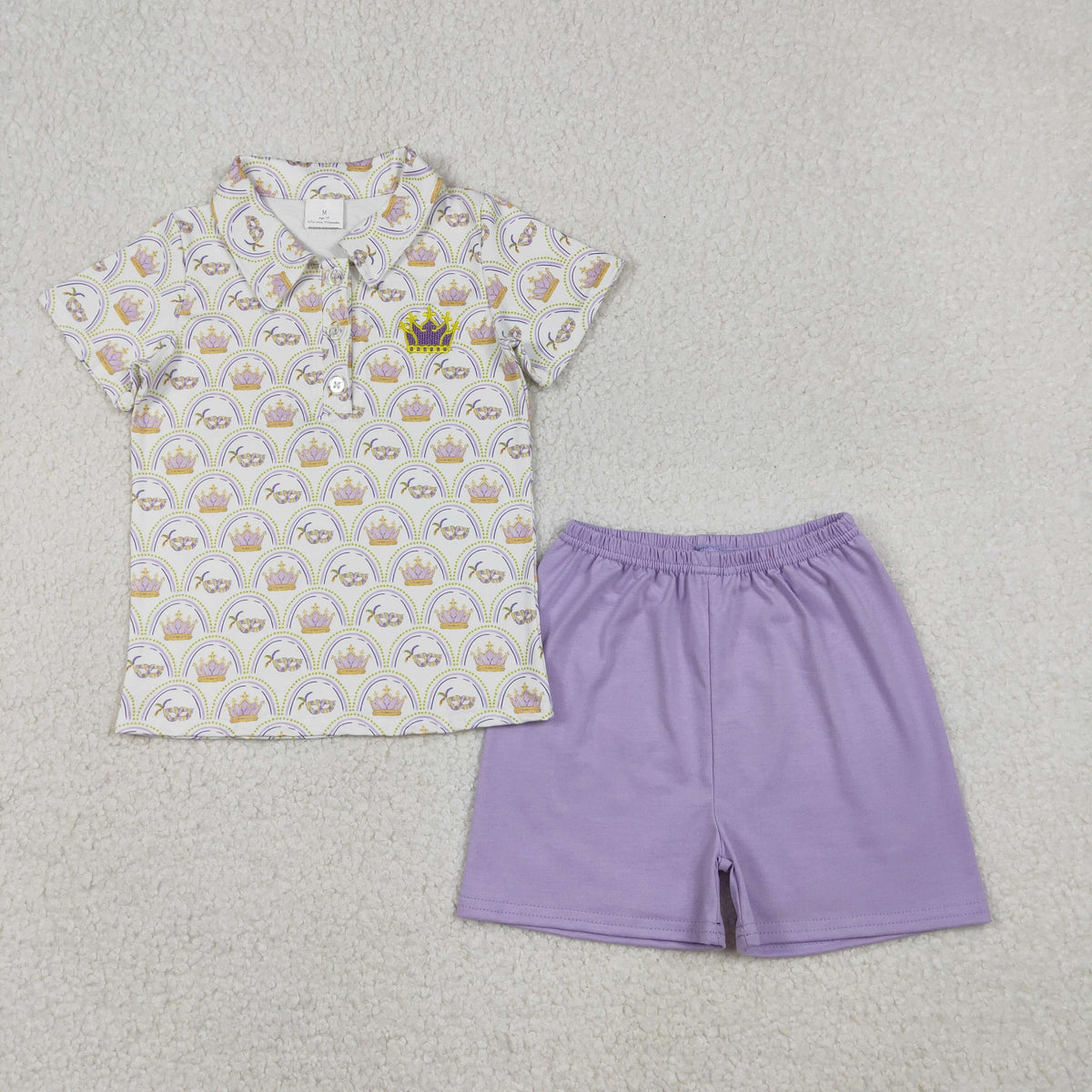 Sibling Baby Boys Girls Mardigras Embroidery Crown Polo Shorts Set Knee Length Dresses