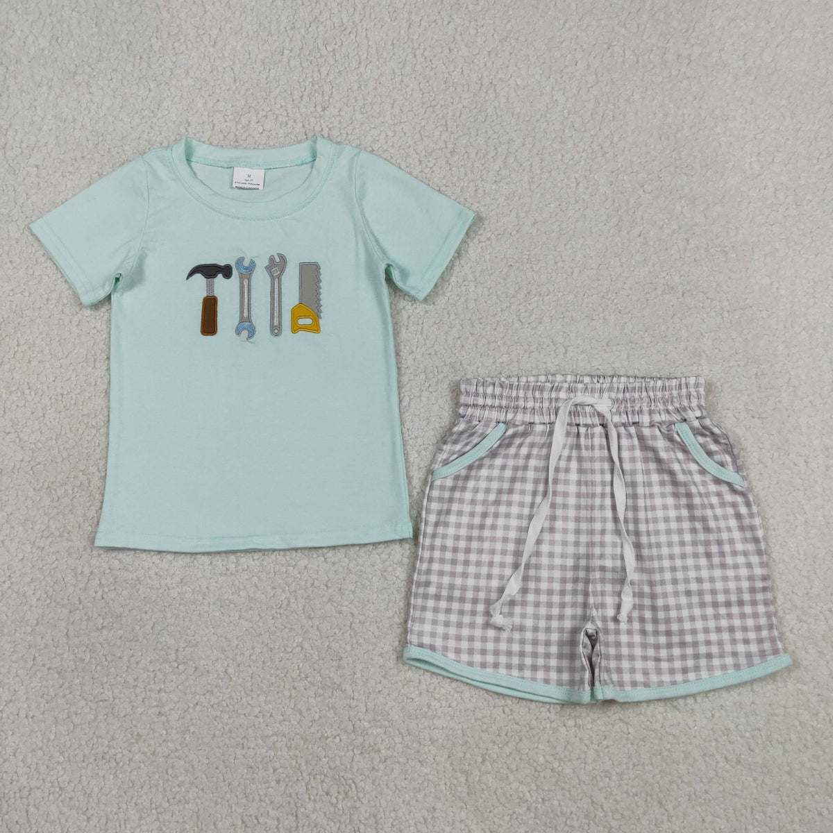 BSSO1666 Baby Boys Embroidery Tools Top Pockets Checked Short Clothes Set