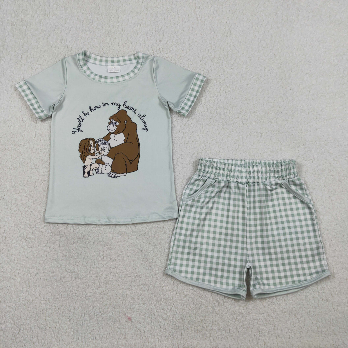 BSSO1702 Baby Boys Cartoon Monkey Top Checked Pockets Short Clothes Sets