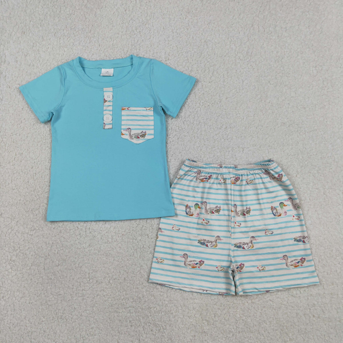 BSSO1802 Baby Boys Blue Stripe Ducks Button Pocket Top Short Hunting Clothes Sets