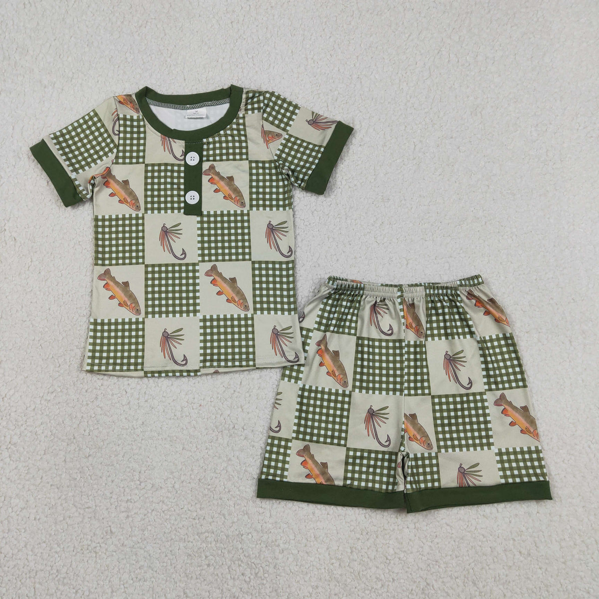 BSSO1817 Baby Boys Green Checked Fishes Button Top Short Hunting Pajamas Clothes Sets