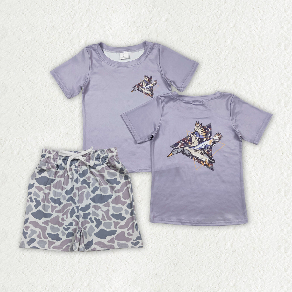 BSSO1902 Baby Boys Ducks Top Southern Light Grey Pockets Shorts Hunting Clothes Sets