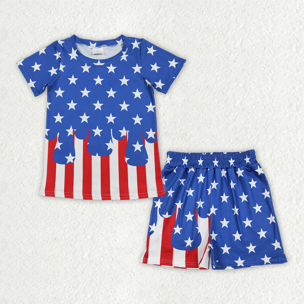 BSSO2040 Baby Boys Blue Red Stars Stripe Top Short 4th of July Clothes Set