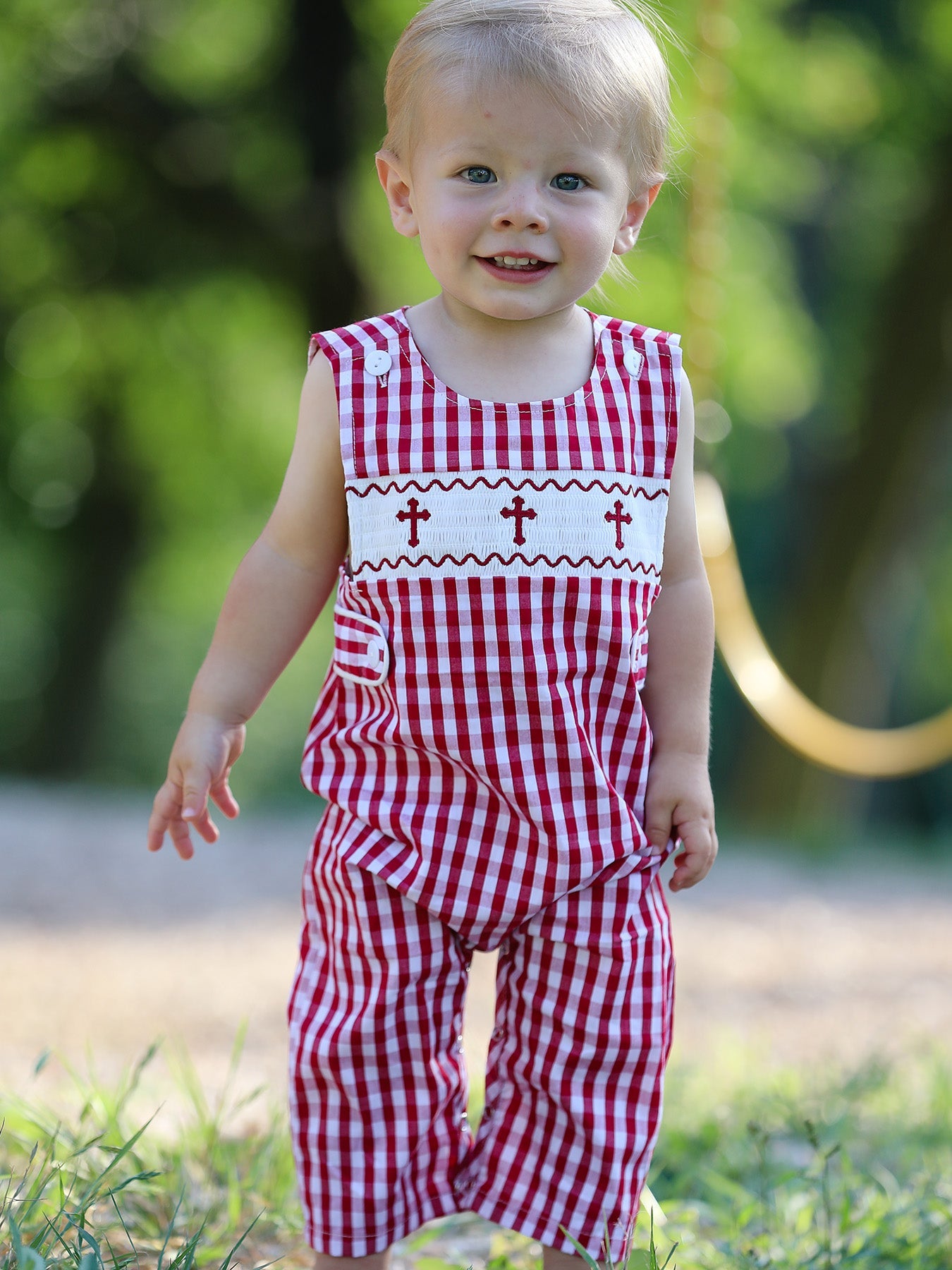 Red Plaid Smocked Church Christ Bishop Christening Baby Boys' Romper