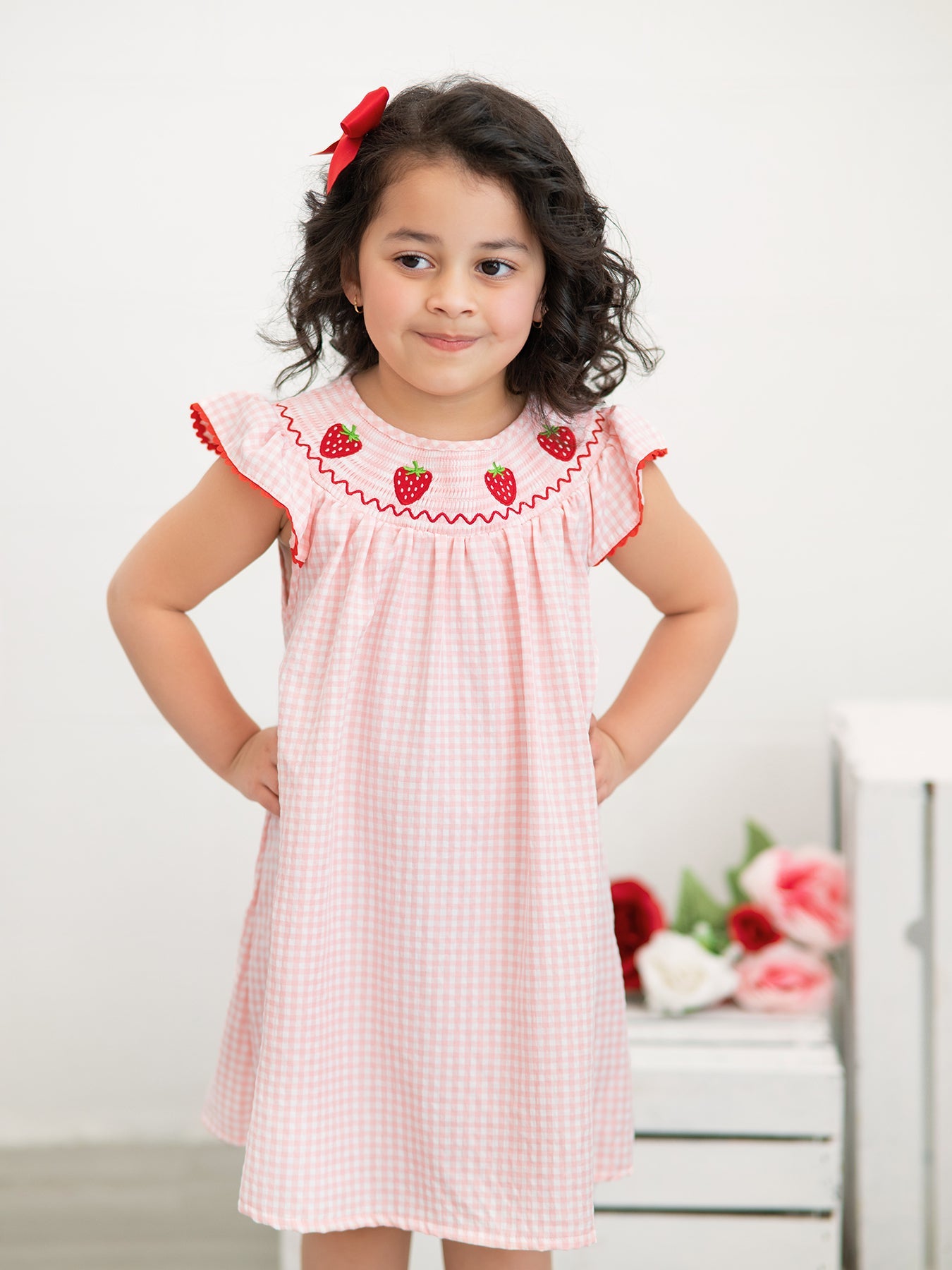 Baby Girls Strawberry Embroidered Plaid Smocked Dress 3