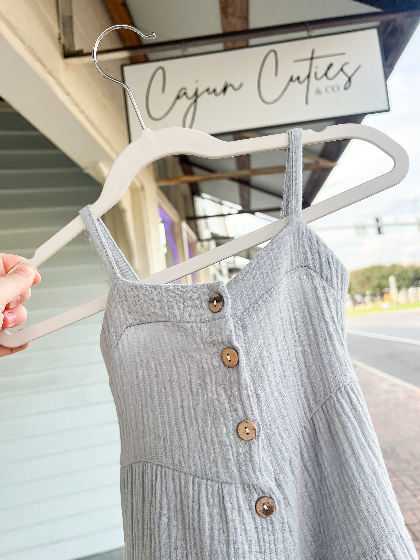 Dusty Blue Linen Tiered Button down Dress - Cajun Cuties & Co